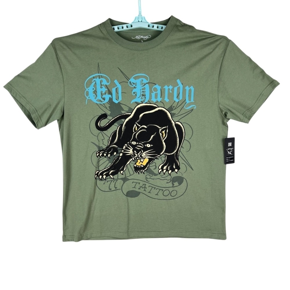Ed Hardy Men's Olive Green T-Shirt With Panther Tattoo Short Sleeve Sz Large NWT